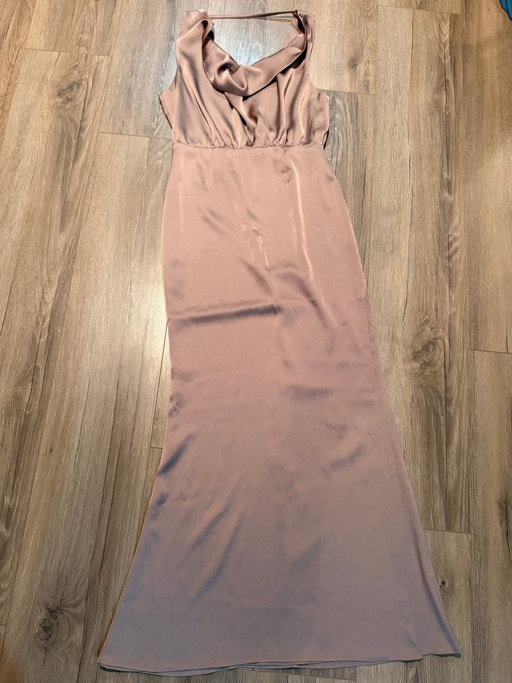 Fame and Partners Taupe Tan Matte Satin Long Maxi Dress Slit Prom Wedding 4
